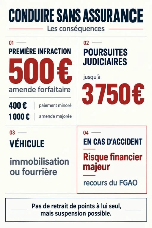 Infographie des sanctions après s'être fait arrêter sans assurance : amende, fourrière, suspension du permis et risque financier