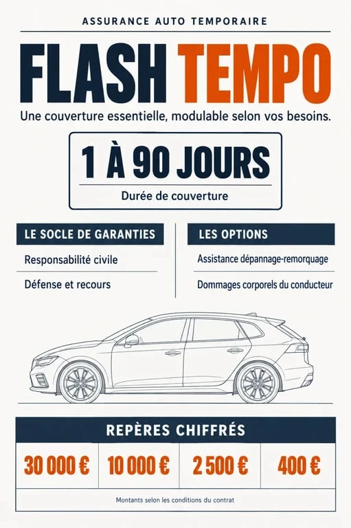 Infographie Flash Tempo assurance auto temporaire : garanties, options, plafonds et franchises