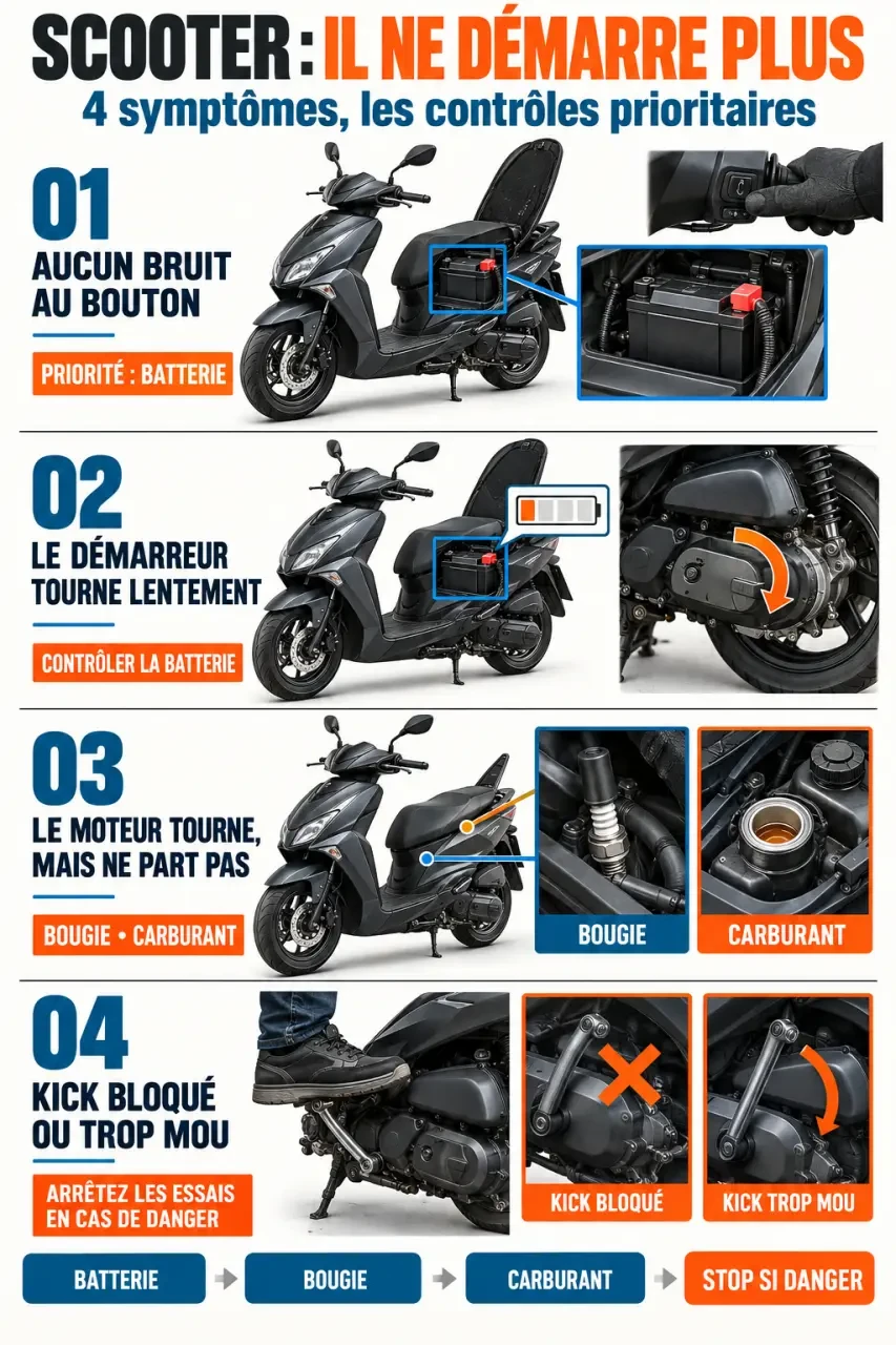 Diagnostic visuel : mon scooter ne démarre plus, symptômes et contrôles prioritaires