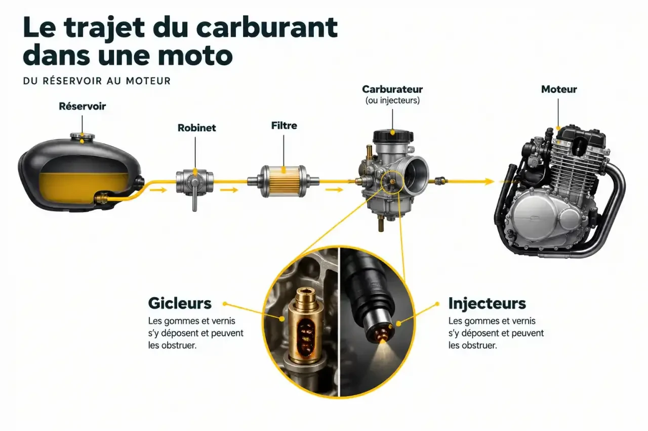 Schéma du trajet du carburant du réservoir au carburateur ou aux injecteurs, là où agit un nettoyant carburateur moto à mettre dans le réservoir