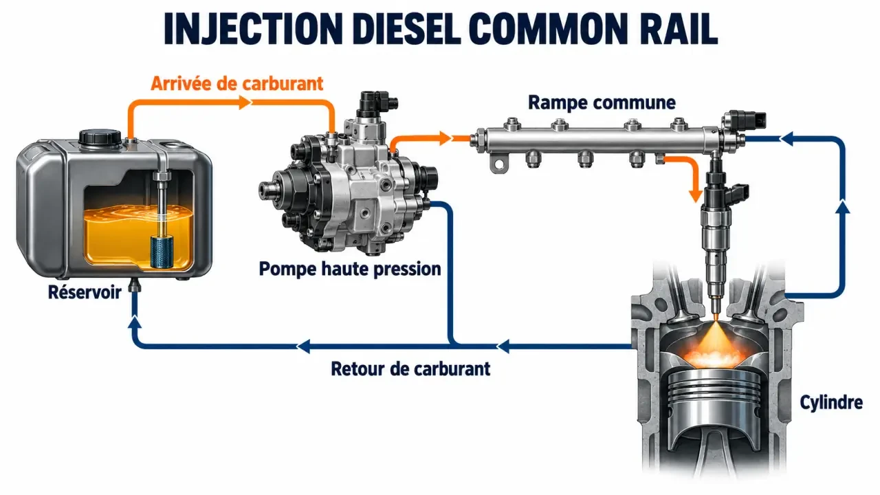 Schéma simplifié de l’injection common rail en lien avec un bruit claquement moteur diesel au ralenti