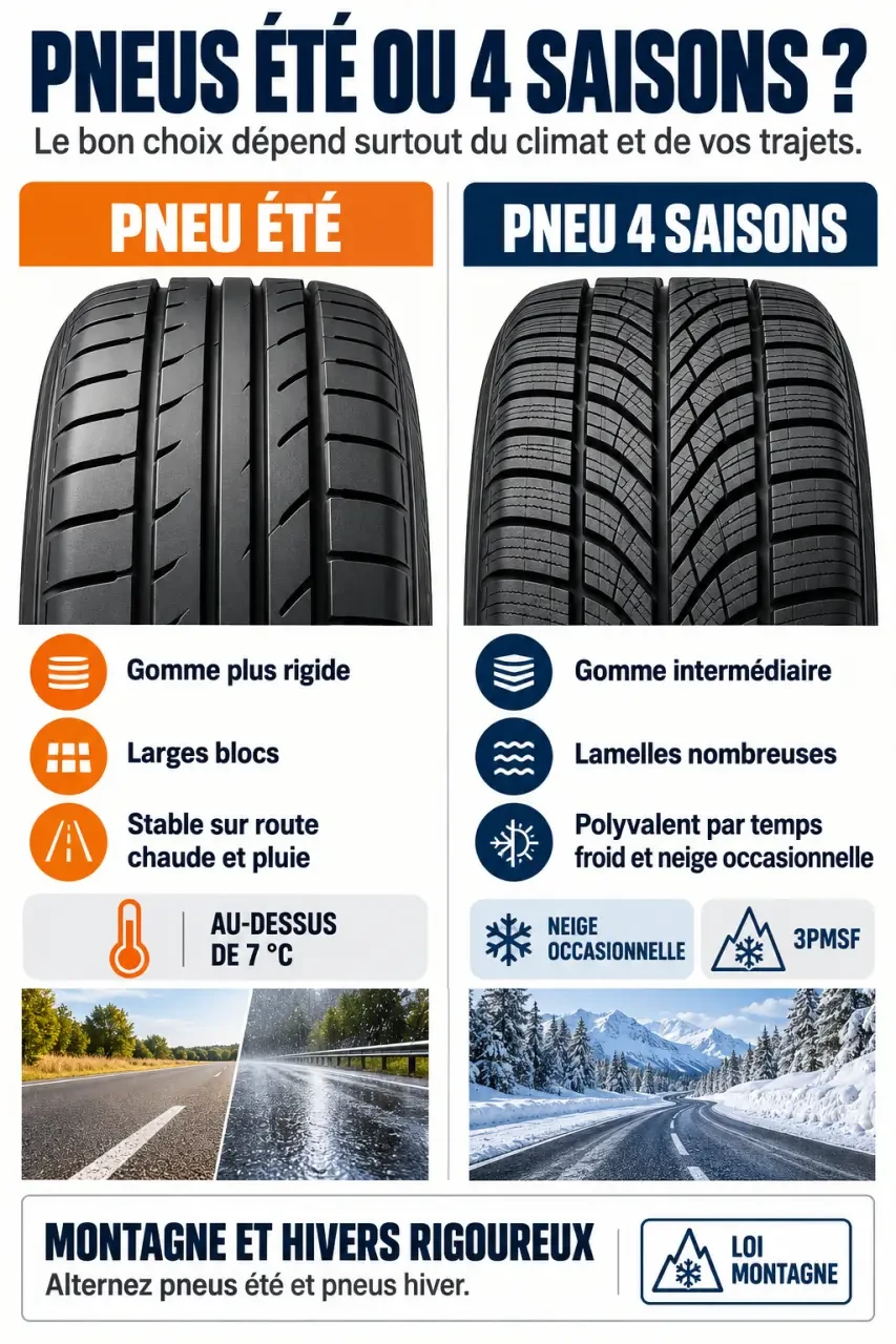 Infographie comparative pneu été ou 4 saisons selon la température, la pluie et la neige