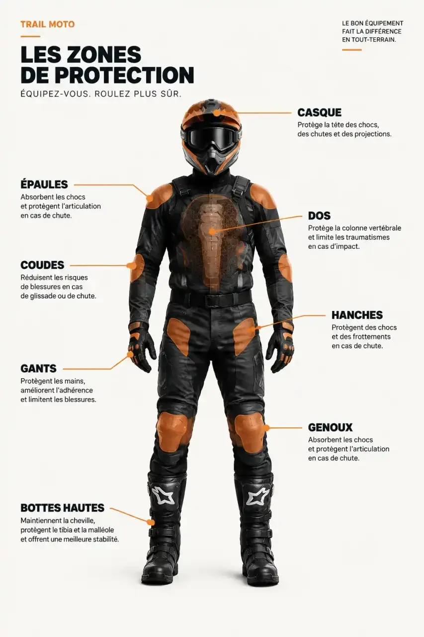 Schéma des zones de protection de l'équipement trail moto : casque, veste, dorsale, gants, pantalon et bottes