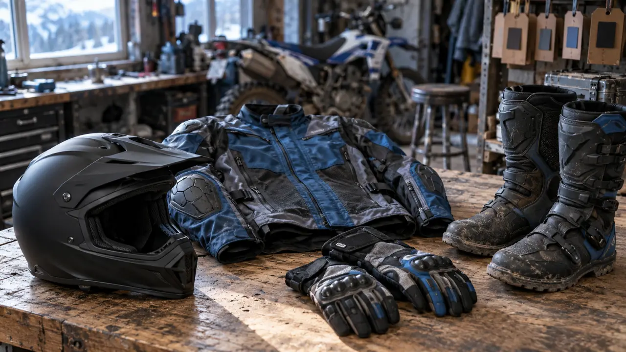 Équipement trail moto : casque, veste trail avec protections et dorsale en garage