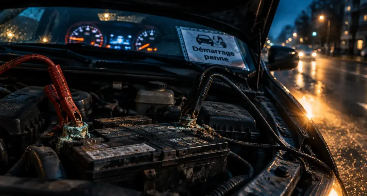 Ma voiture ne démarre plus : batterie et câbles de démarrage sur route nocturne